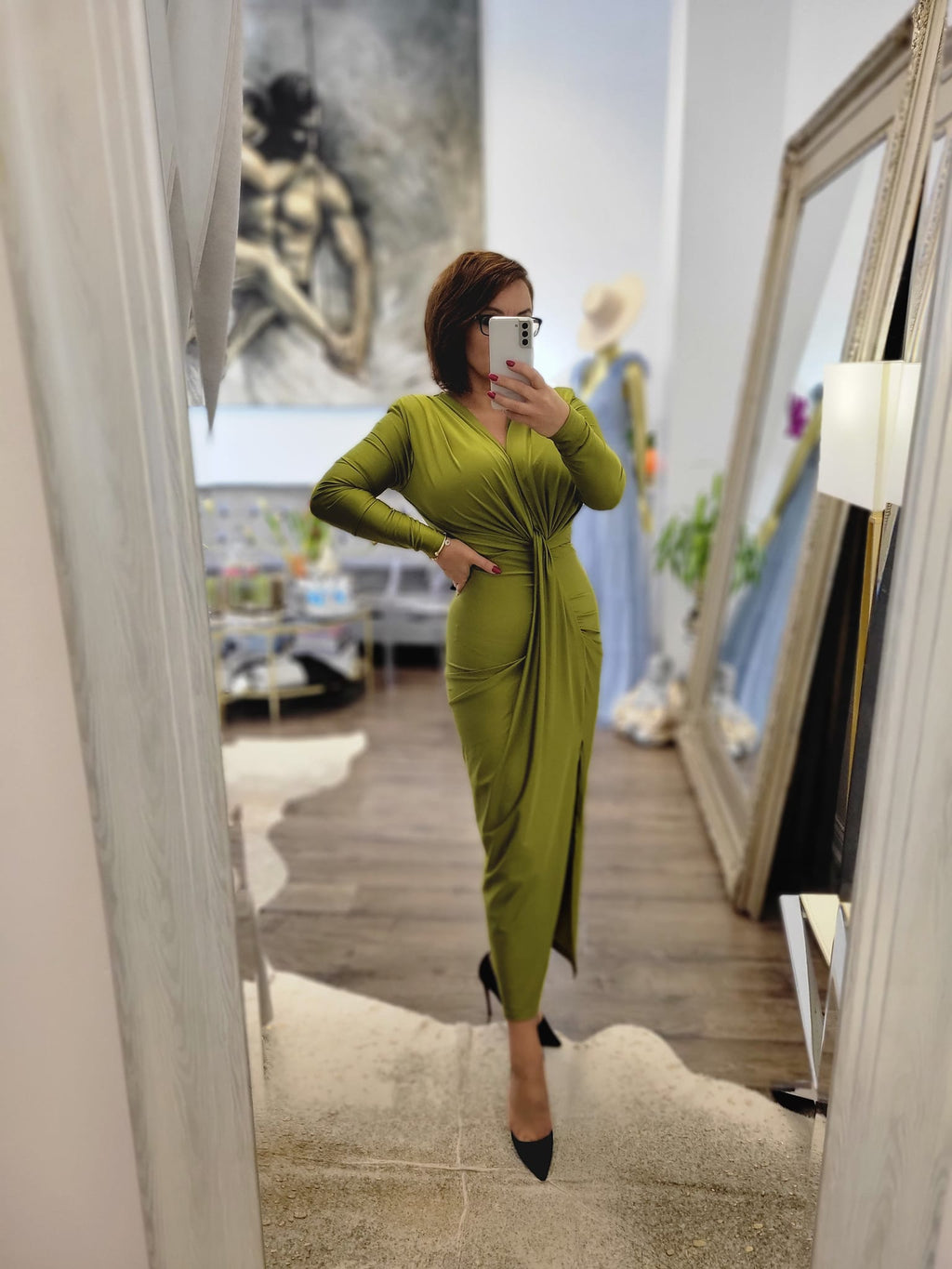 OLIVE GREEN FIT MIDI DRESS WITH FRONT RUSHING