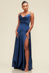 CLEARANCE - NAVY BLUE SILKY LONG DRESS WITH OPEN BACK AND SIDE SLIT