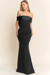 BLACK LONG OFF THE SHOULDER GOWN WITH A BOW PIN