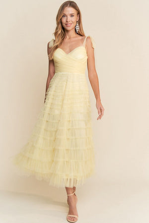 YELLOW MESH MIDI COCKTAIL DRESS