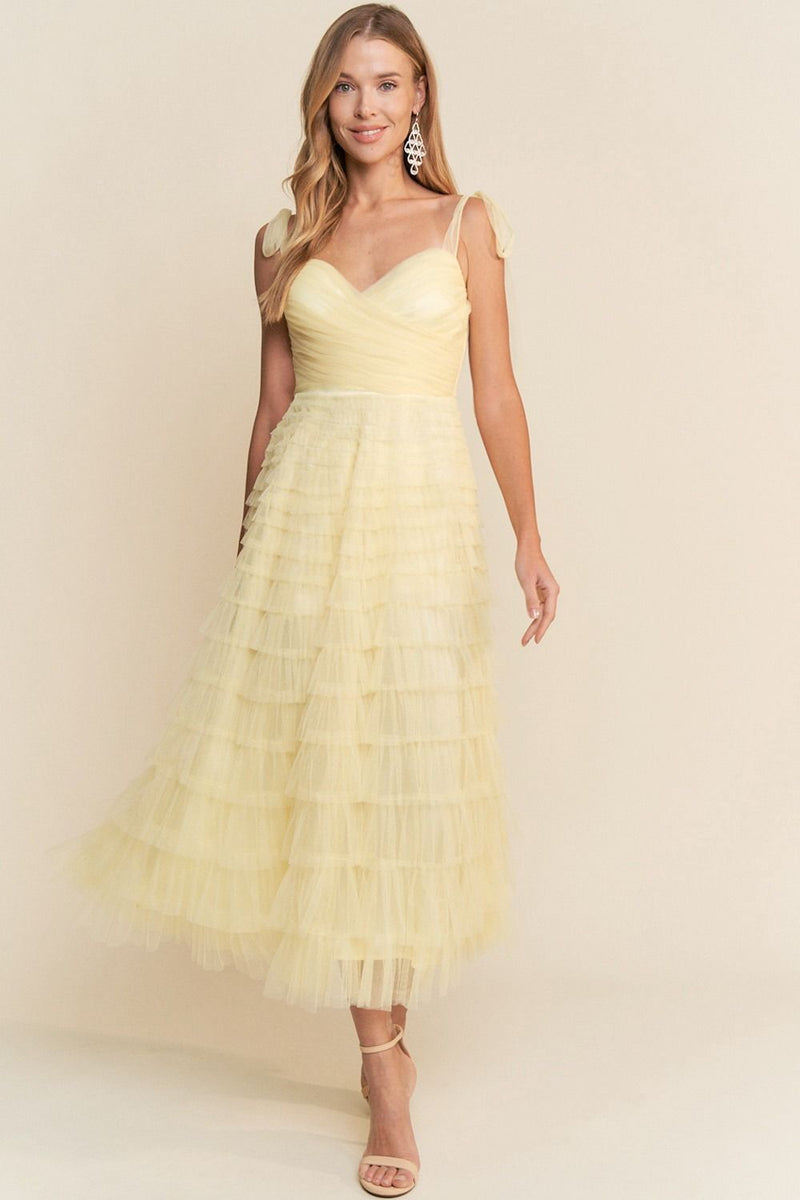 YELLOW MESH MIDI COCKTAIL DRESS