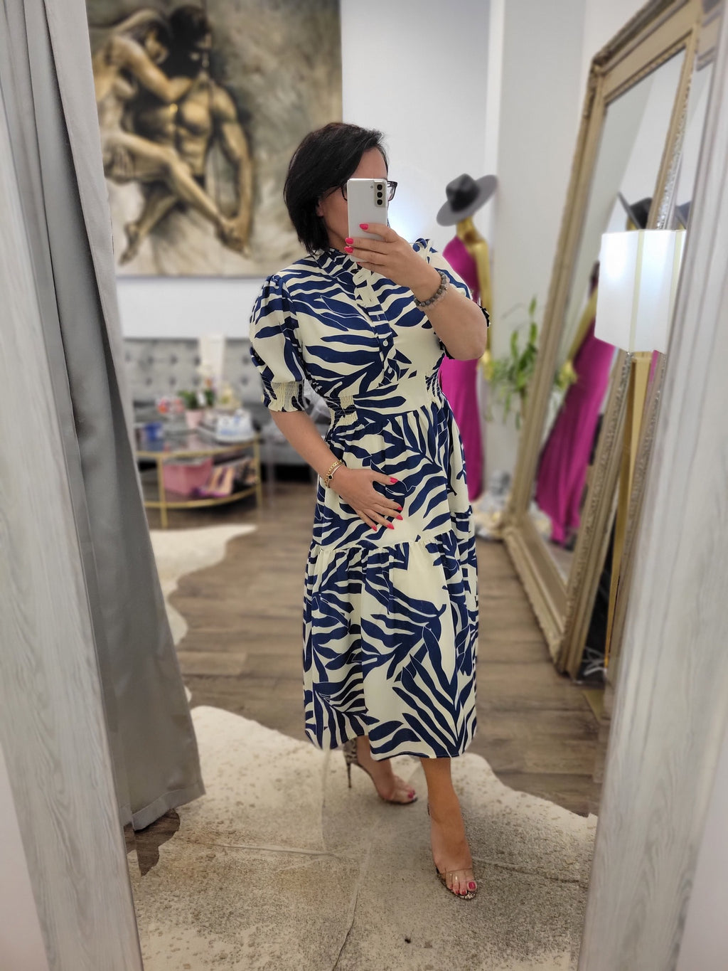 WHITE AND NAVY MIDI DRESS WITH SIDE POCKETS