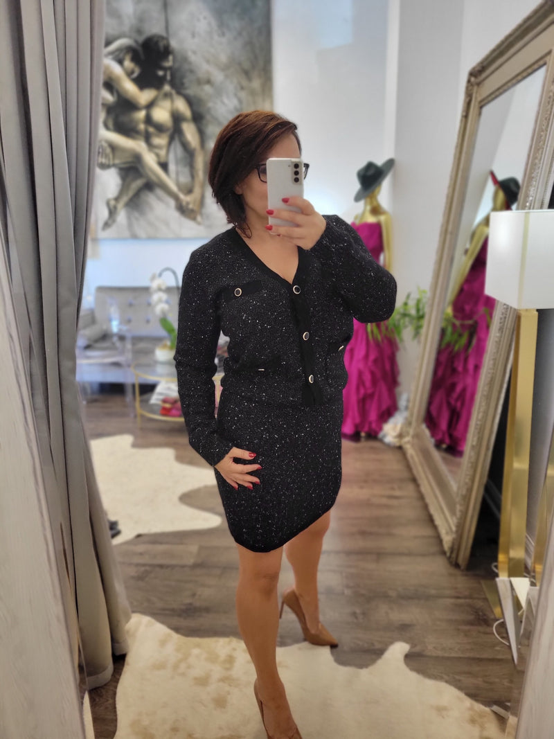 black dress with gold cardigan Irma Gold Button Knit Mini Dress Black