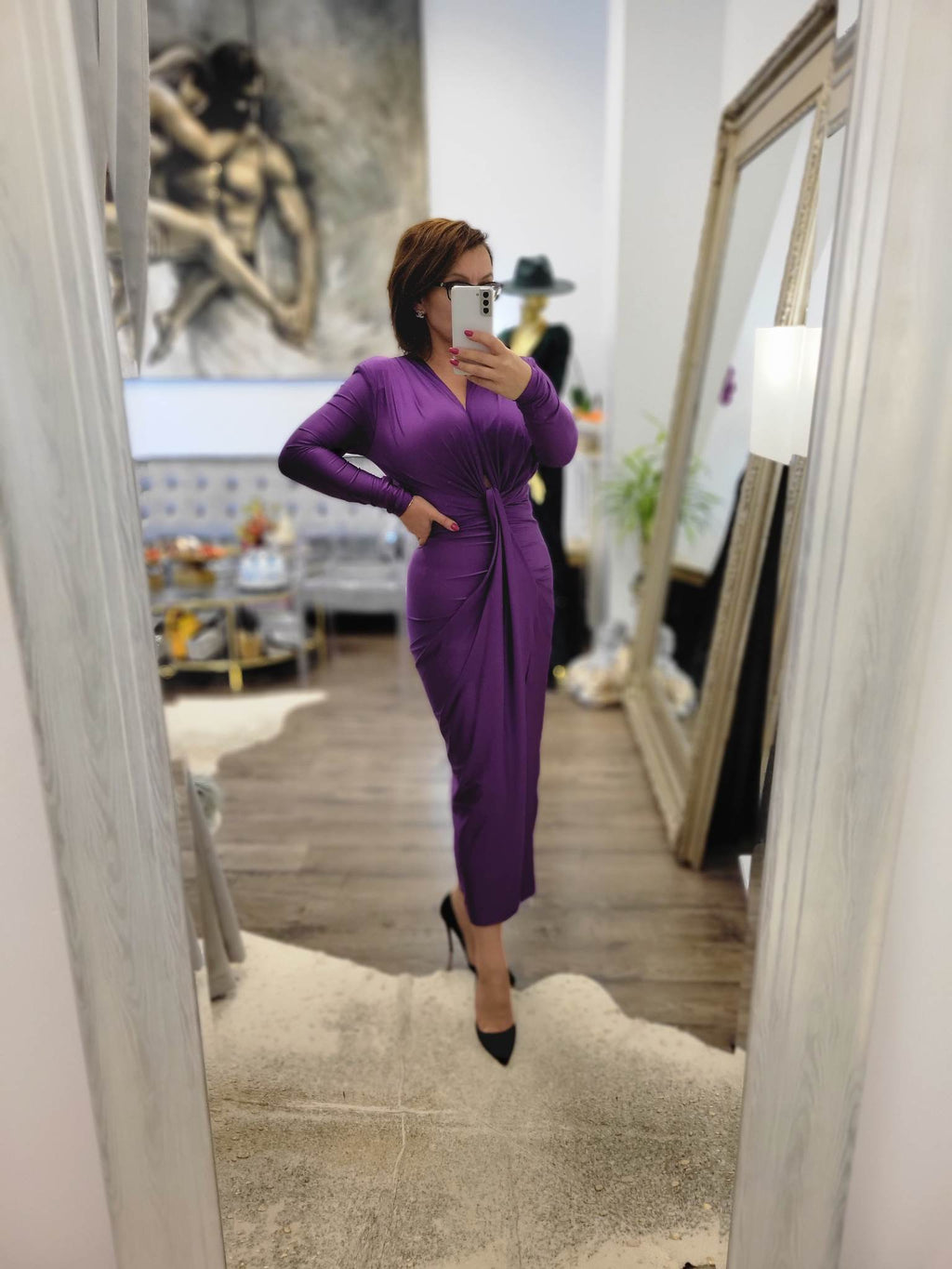 DEEP PURPLE MIDI FIT DRESS WITH FRONT RUSHING