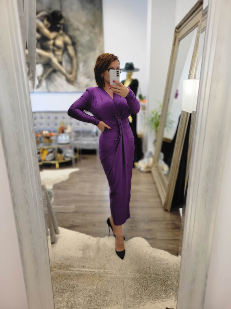 DEEP PURPLE MIDI FIT DRESS WITH FRONT RUSHING Le Obsession Boutique DEEP PURPLE MIDI FIT DRESS WITH FRONT RUSHING Le Obsession Boutique