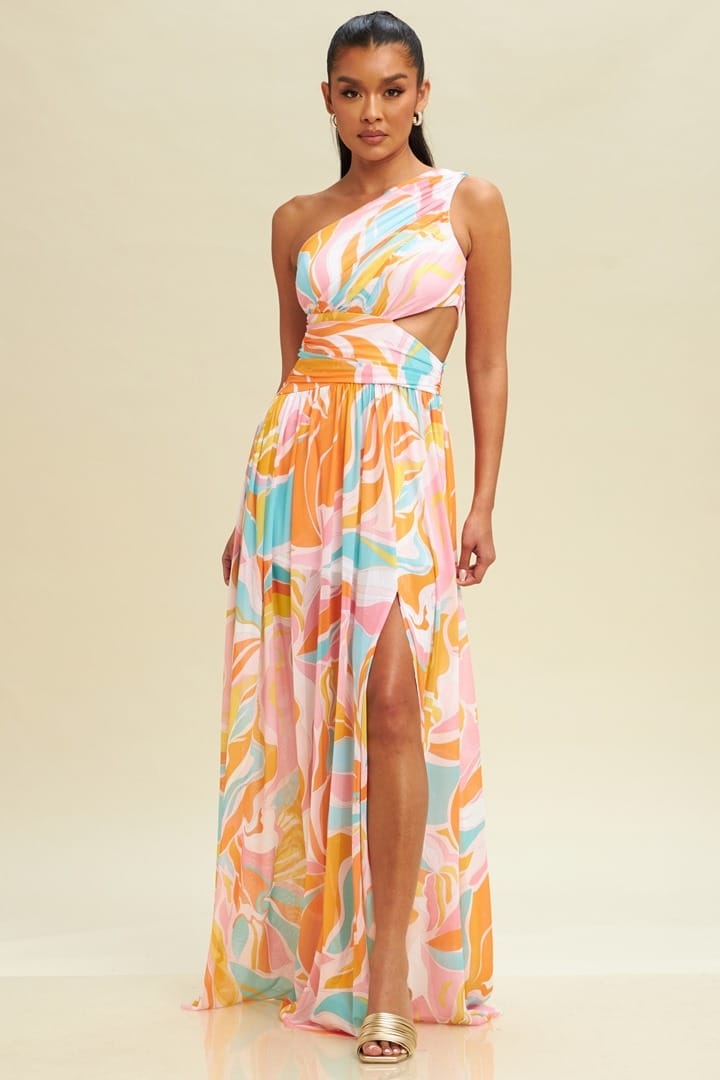 CLEARANCE PINK MULTI LONG MAXI SUMMER DRESS WITH SIDE CUT OUT CLEARANCE PINK MULTI LONG MAXI SUMMER DRESS WITH SIDE CUT OUT