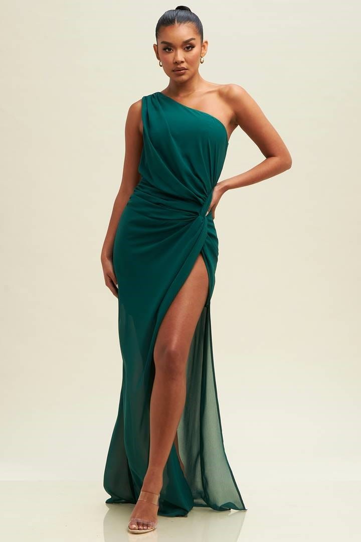 FOREST GREEN LONG EVENING DRESS WITH SIDE SLIT
