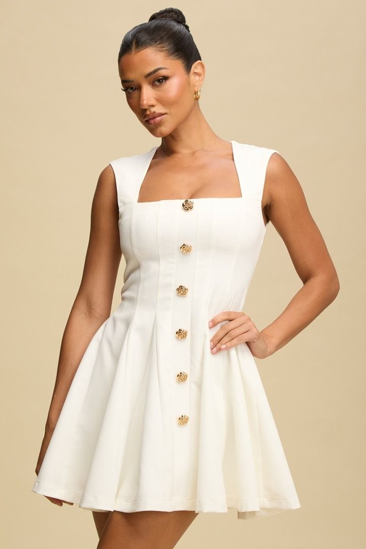 WHITE FIT AND FLAIR SUMMER DRESS WITH GOLD BUTTONS