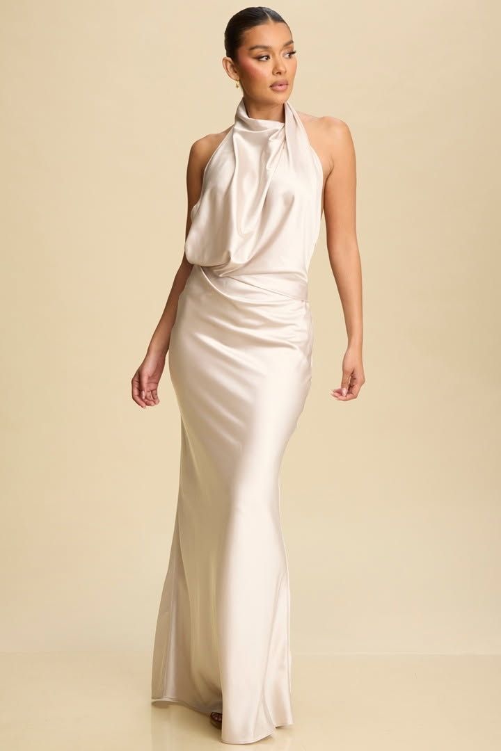 CHAMPAGNE SILKY LONG DRESS WITH OPEN BACK