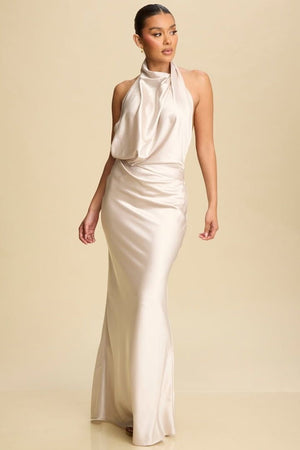 CHAMPAGNE SILKY LONG DRESS WITH OPEN BACK