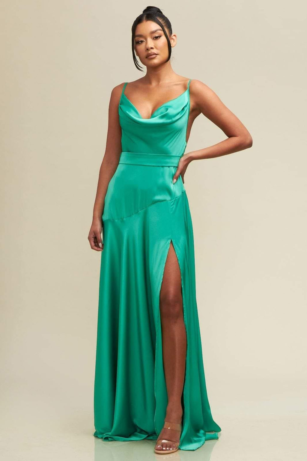 EMERALD GREEB SILKY LONG DRESS WITH OPE BACK AND SIDE SLIT