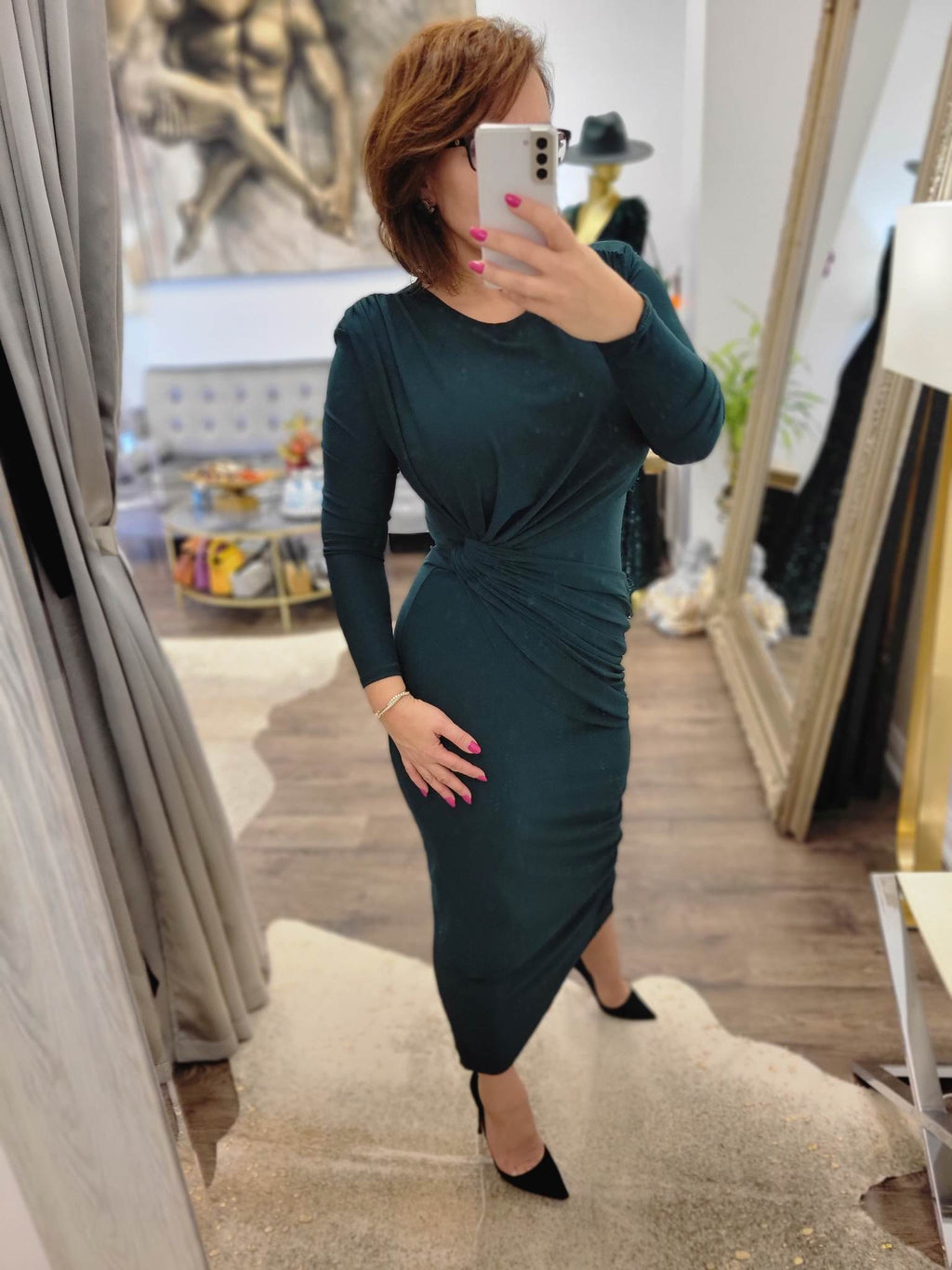 FOREST GREEN MIDI DRESS WITH RUSHING