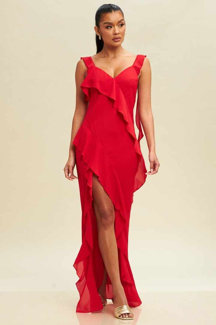 RED LONG DRESS WITH RAFFLES AND SIDE SLIT