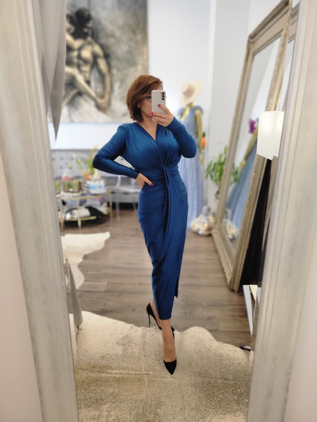TEAL MIDI FIT DRESS WITH FRONT RUSHING