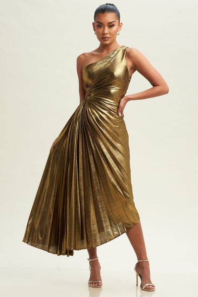 GOLD ASYMMETRIC DRESS WITH PEEK A BOO ON THE SIDE