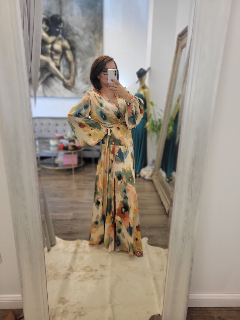 MULTICOLOR SILKY MAXI FALL DRESS