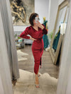 CLEARANCE - WINE VELVET MIDI DRESS WITH A  BELT
