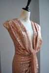 ROSE GOLD SEQUIN MIDI DRESS WITH FRONT RUSHING