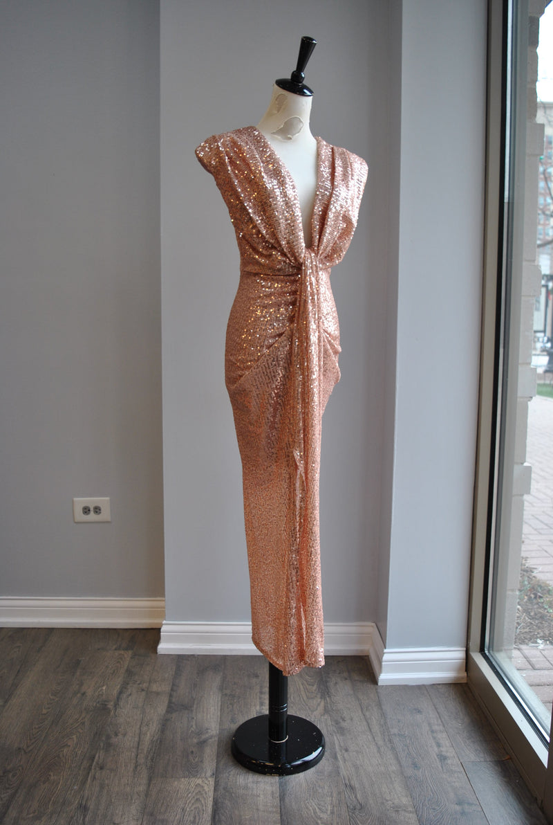 CLEARANCE - ROSE GOLD SEQUIN MIDI DRESS WITH FRONT RUSHING Le Obsession Boutique CLEARANCE - ROSE GOLD SEQUIN MIDI DRESS WITH FRONT RUSHING Le Obsession Boutique