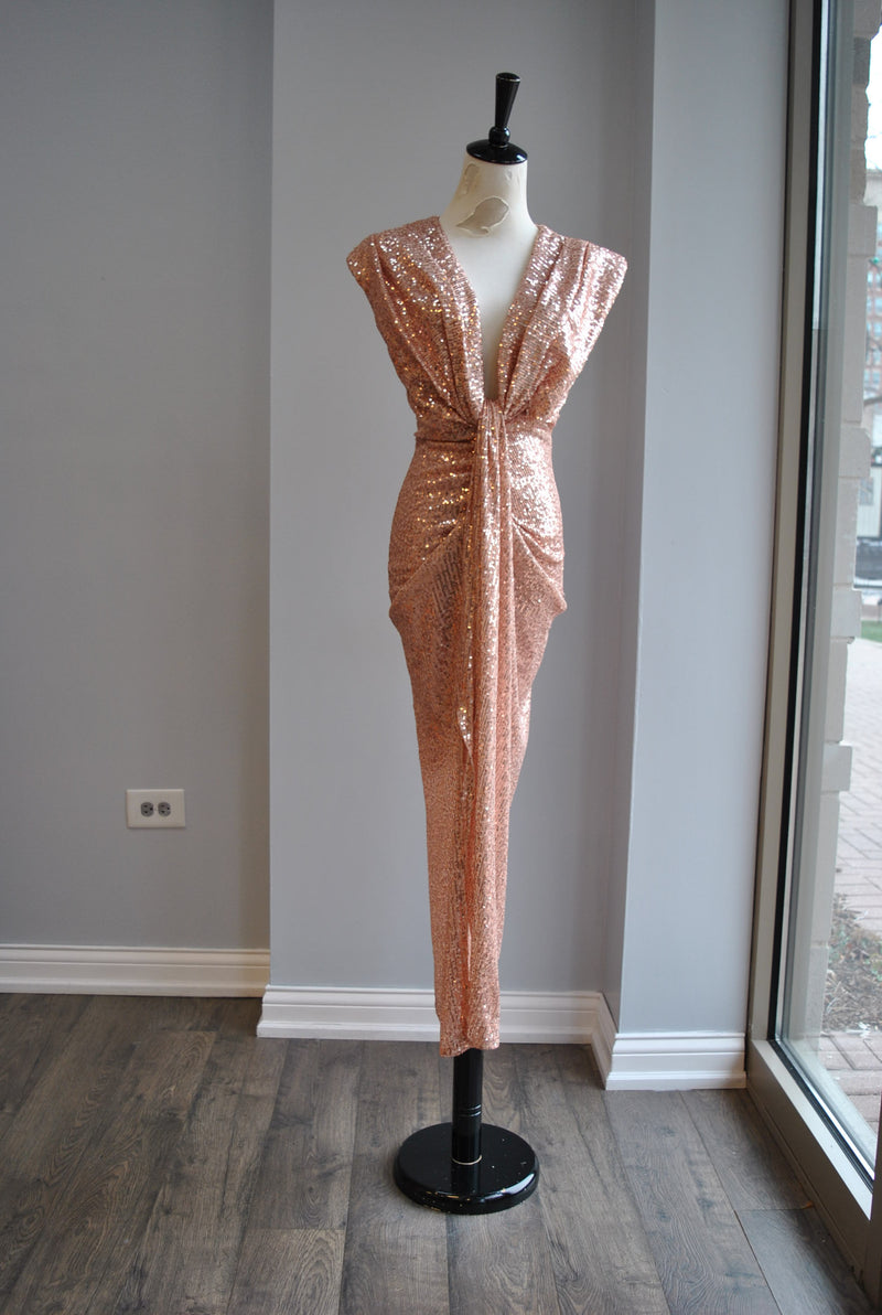 ROSE GOLD SEQUIN MIDI DRESS WITH FRONT RUSHING