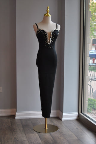 CLEARANCE - NAVY BLUE SILKY LONG DRESS WITH OPEN BACK AND SIDE SLIT