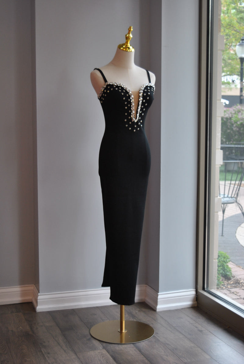 BLACK BANDAGE MIDI DRESS WITH RHINESTONES