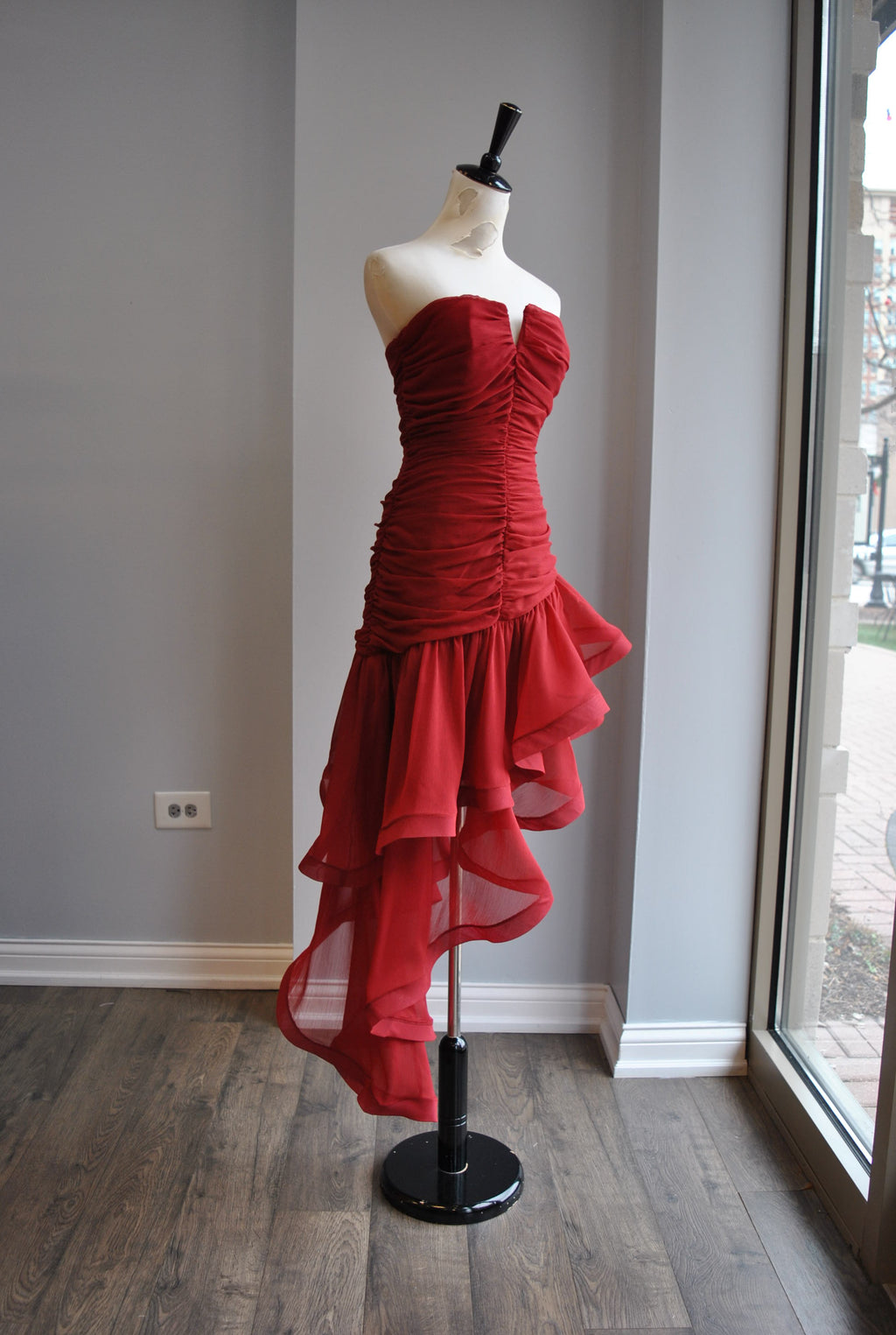 CLEARANCE - BURGUNDY HIGH AND LOW ASYMMETRIC DRESS WITH RUFFLE