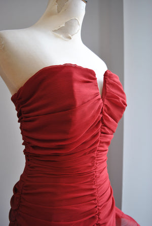 CLEARANCE - BURGUNDY HIGH AND LOW ASYMMETRIC DRESS WITH RUFFLE