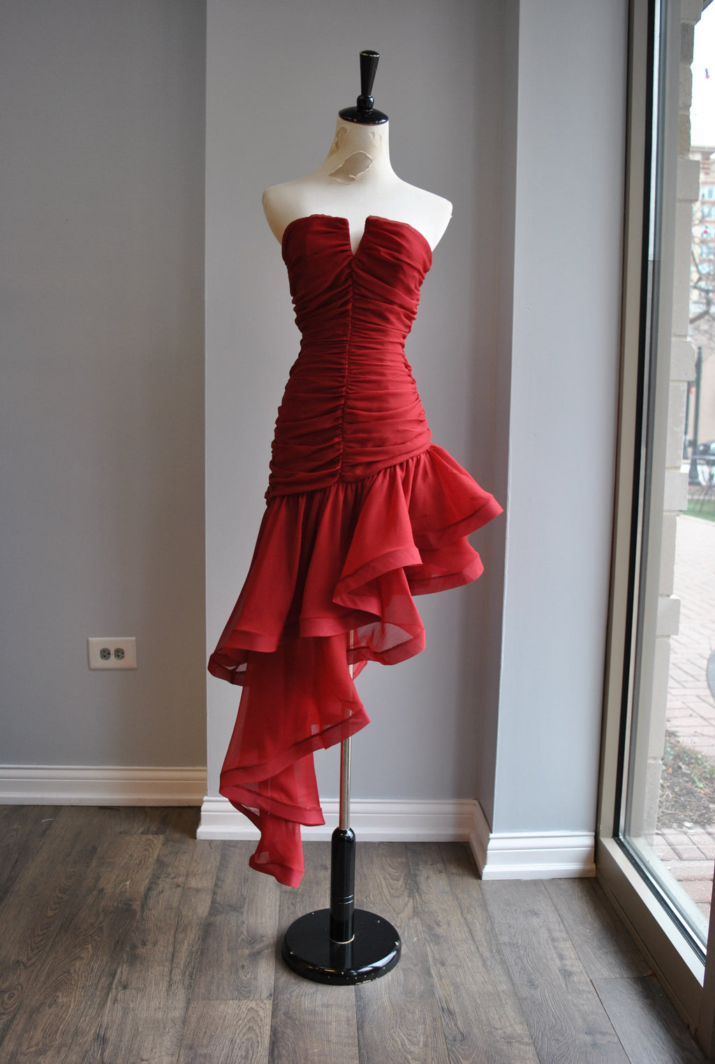 CLEARANCE - BURGUNDY HIGH AND LOW ASYMMETRIC DRESS WITH RUFFLE