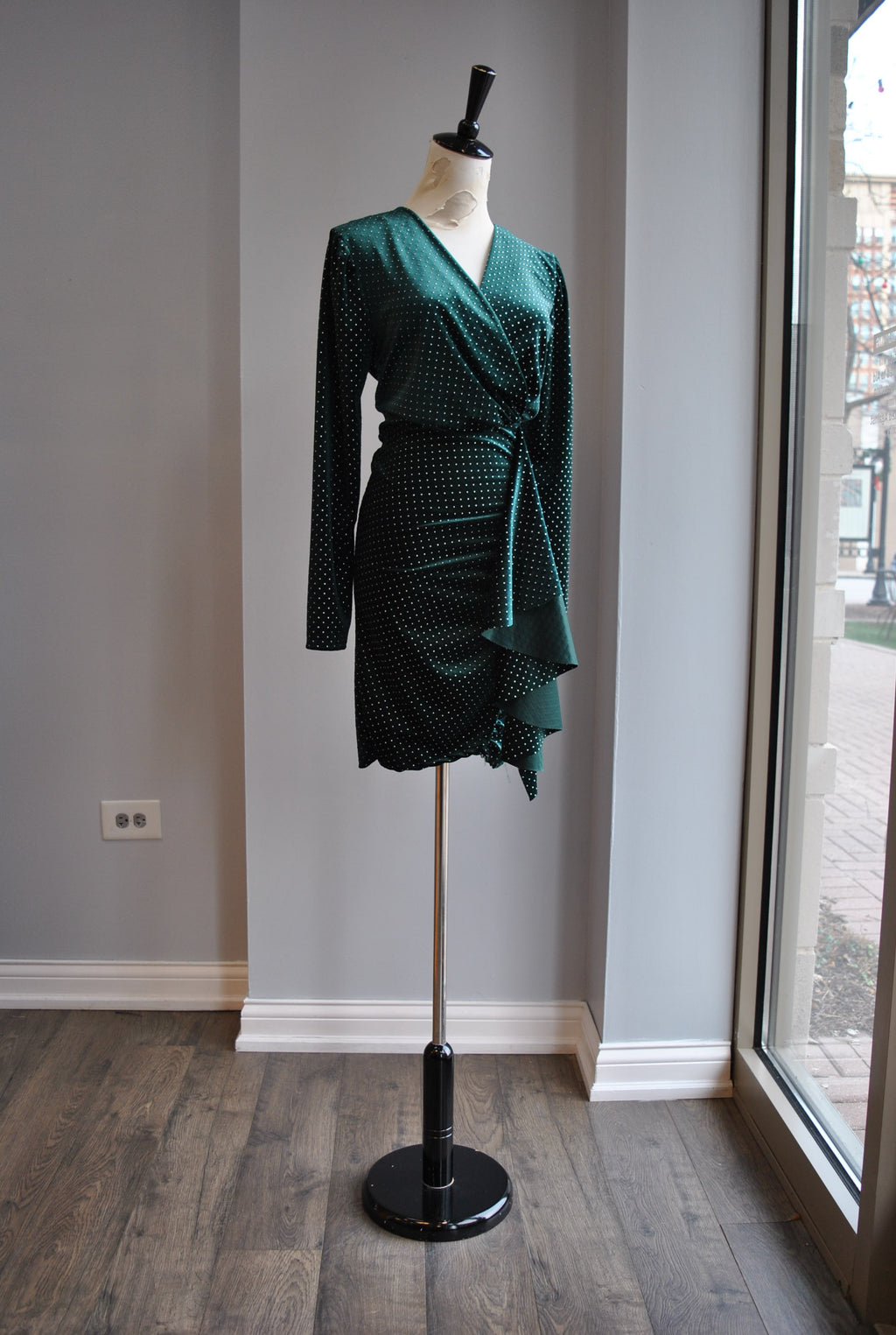 CLEARANCE - EMERALD GREEN VELVET WITH STUDS MINI PARTY DRESS WITH SIDE RUSHING