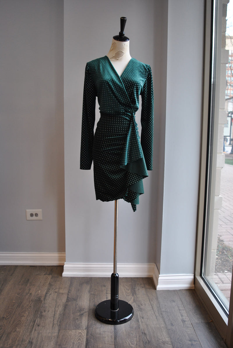 CLEARANCE - EMERALD GREEN VELVET WITH STUDS MINI PARTY DRESS WITH SIDE RUSHING