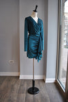 TEAL VELVET WITH STUDS MINI DRESS WITH SIDE RUSHING