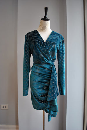 CLEARANCE - TEAL VELVET WITH STUDS MINI DRESS WITH SIDE RUSHING