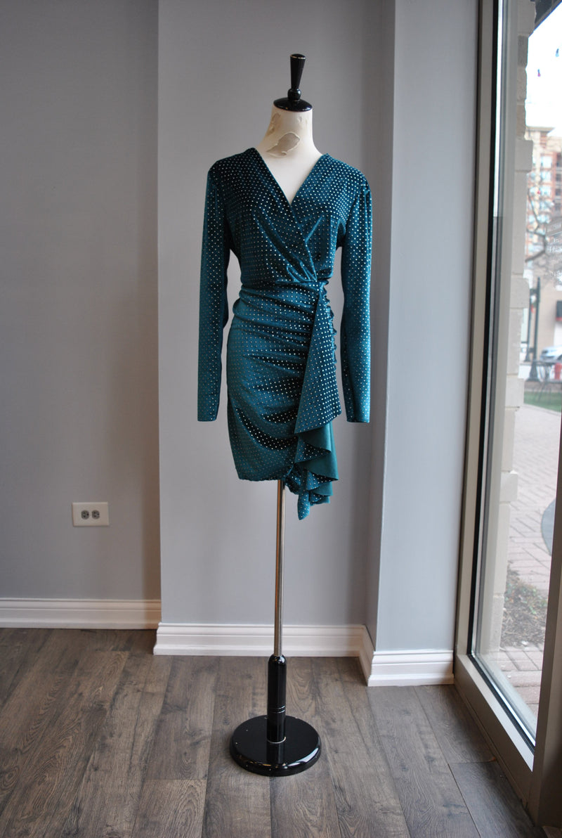 TEAL VELVET WITH STUDS MINI DRESS WITH SIDE RUSHING