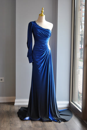 ROYAL BLUE LONG ASYMMETRIC EVENING GOWN