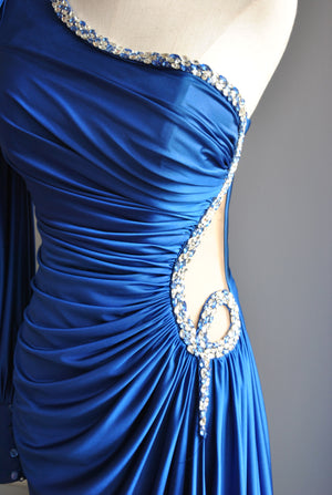 ROYAL BLUE LONG ASYMMETRIC EVENING GOWN