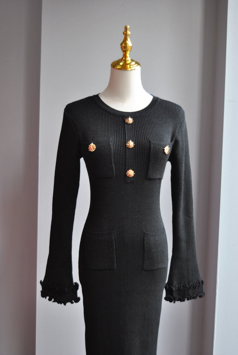 BLACK SWEATER DRESS WITH GOLD BUTTONS