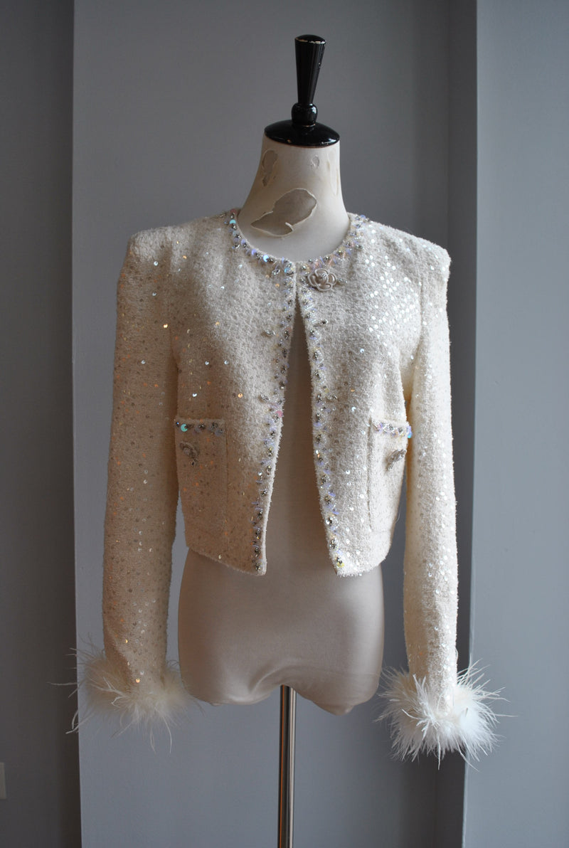 VANILLA TWEED AND SEQUIN BLAZER WITH FEATHER DETAIL