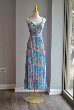 BLUE MULTI PLEATED SUMMER MAXI DRESS