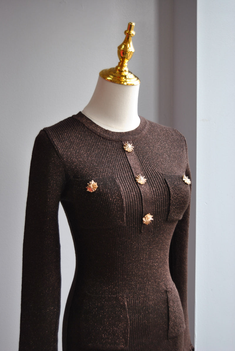 CHOCOLATE BROWN SWEATER DRESS WITH GOLD BUTTONS