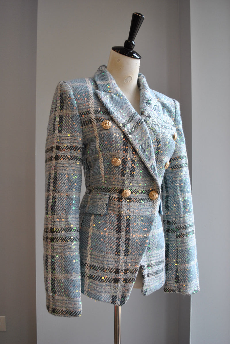 BABY BLUE TWEED DOUBLE BREASTED BLAZER WITH SEQUINS