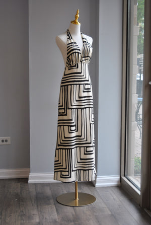 BLACK AND OFF WHITE SUMMER HALTER STYLE DRESS WITH OPEN BACK AND SIDE POCETS