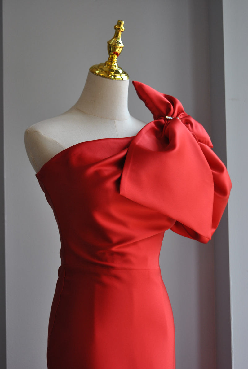 long red dress with bow Red Bow Tie Straps A-line Satin Long Prom Dress Custom Color / US 6