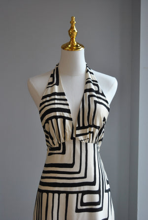 BLACK AND OFF WHITE SUMMER HALTER STYLE DRESS WITH OPEN BACK AND SIDE POCETS