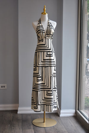 BLACK AND OFF WHITE SUMMER HALTER STYLE DRESS WITH OPEN BACK AND SIDE POCETS