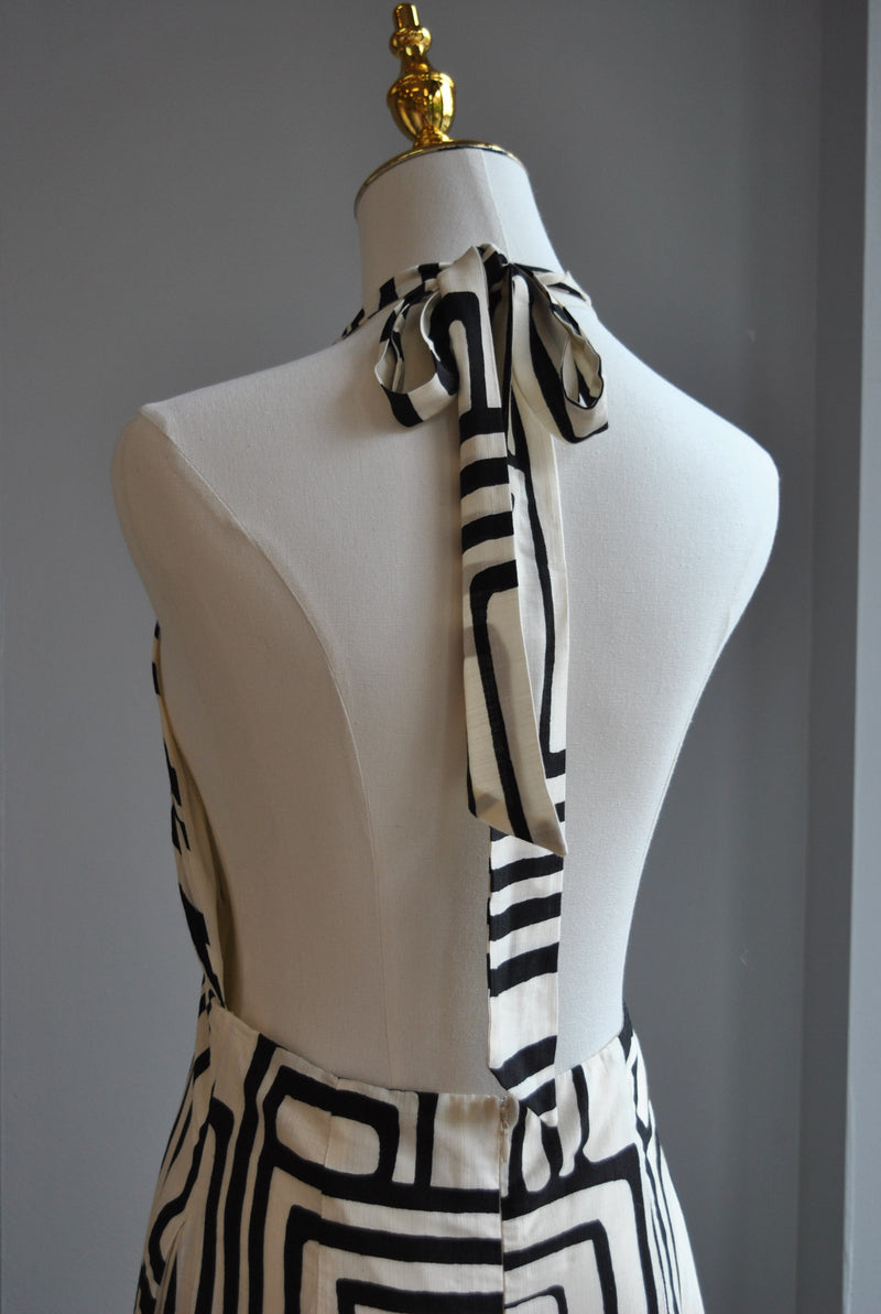 BLACK AND OFF WHITE SUMMER HALTER STYLE DRESS WITH OPEN BACK AND SIDE POCETS