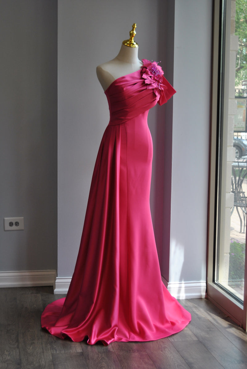 FUCHSIA LONG EVENING GOWN WITH SIDE FLOWER FUCHSIA LONG EVENING GOWN WITH SIDE FLOWER