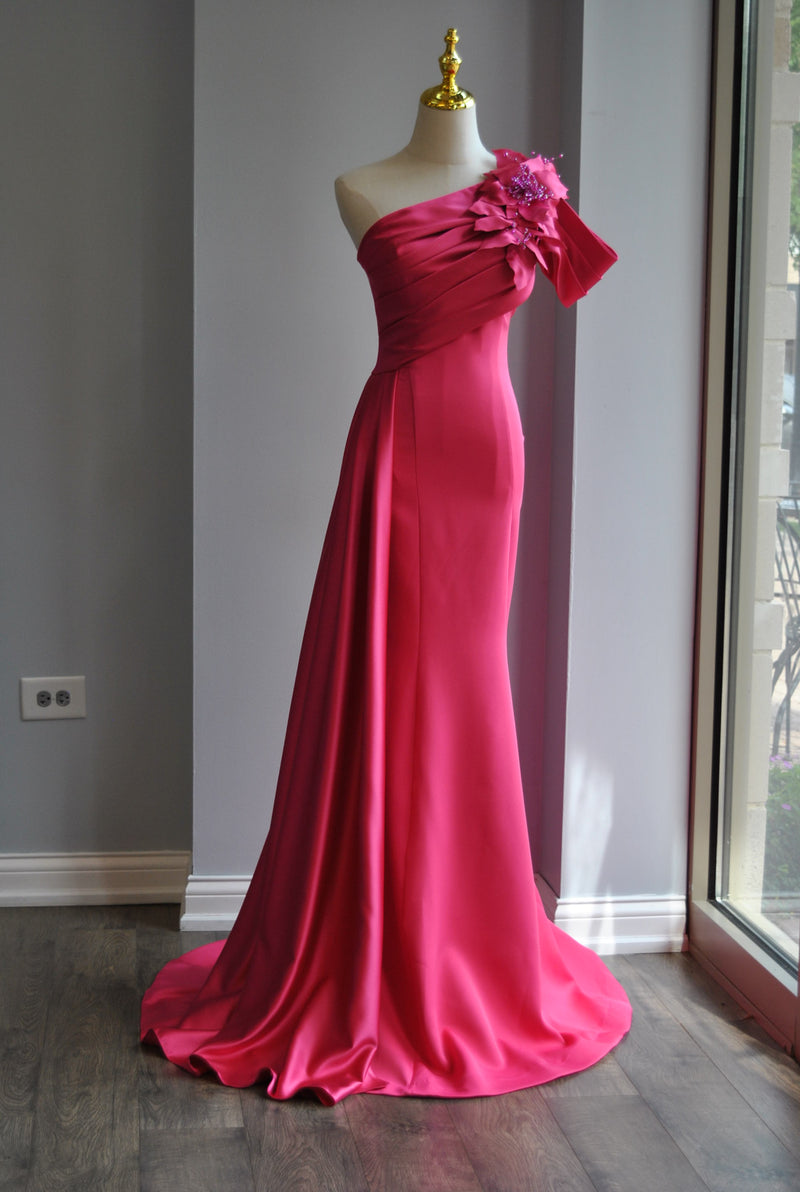FUCHSIA LONG EVENING GOWN WITH SIDE FLOWER FUCHSIA LONG EVENING GOWN WITH SIDE FLOWER