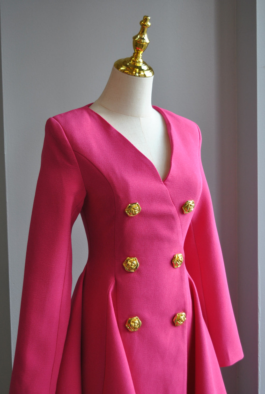 CLEARANCE - FUCHSIA PINK FIT AND FLAIR DRESS WITH GOLD BUTTONS