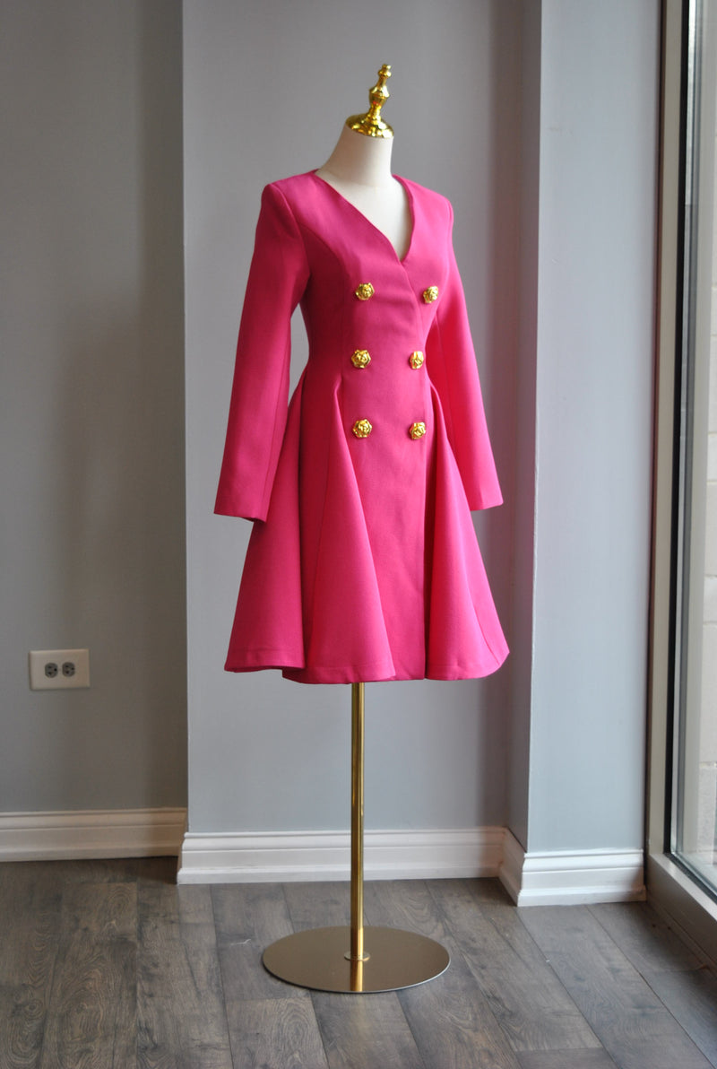 CLEARANCE - FUCHSIA PINK FIT AND FLAIR DRESS WITH GOLD BUTTONS